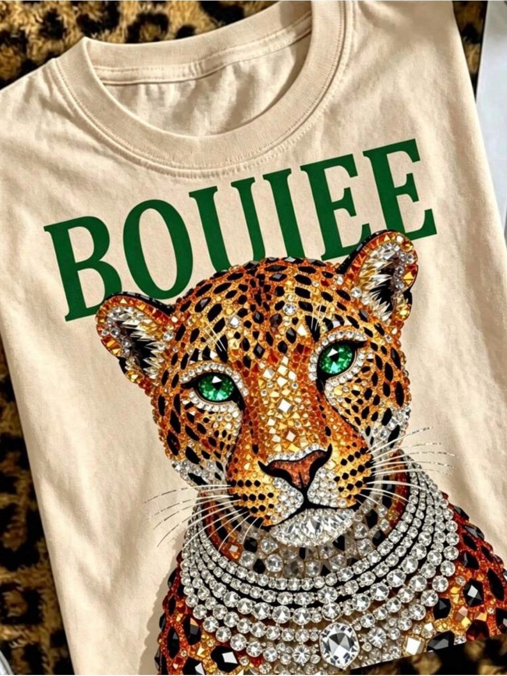 Cream Leopard Graphic Tee with Green Accent